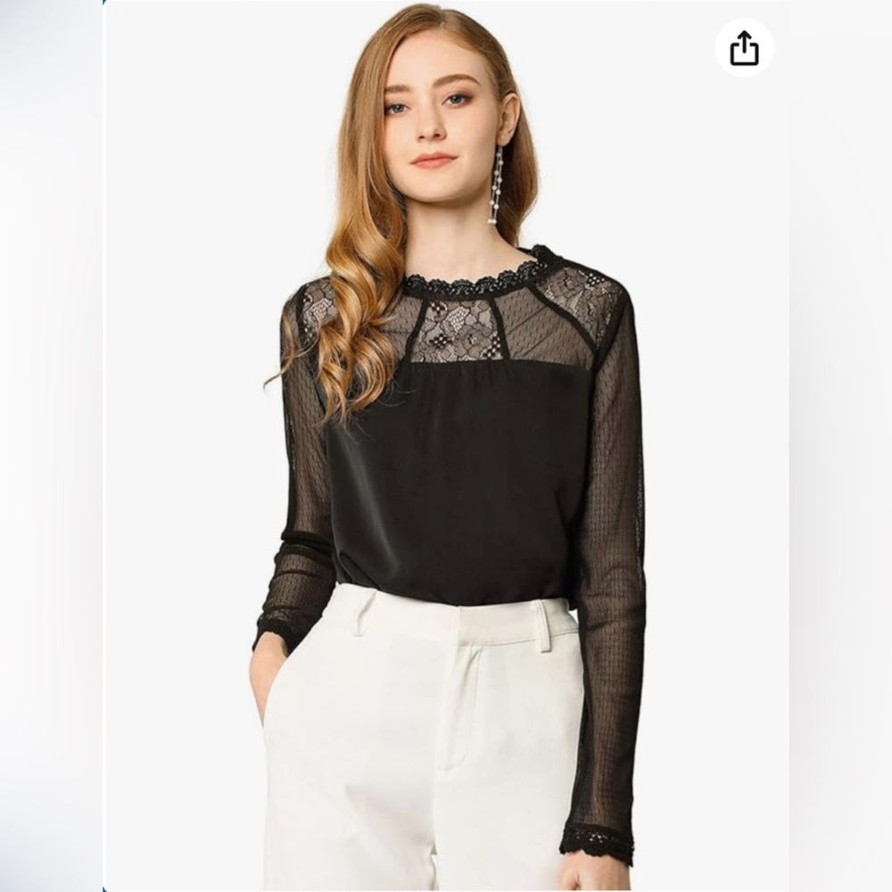 Allegra K Women's Chiffon Lace Long Sleeve Blouse XS